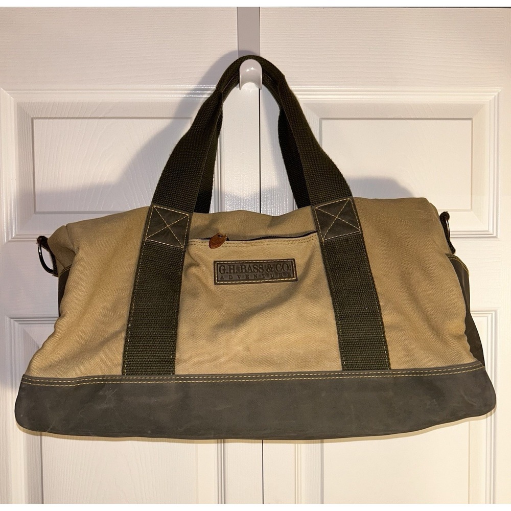 GH Bass & Co. VINTAGE Canvas & Leather Duffle Weekender Bag Tan/Green/Brown RARE